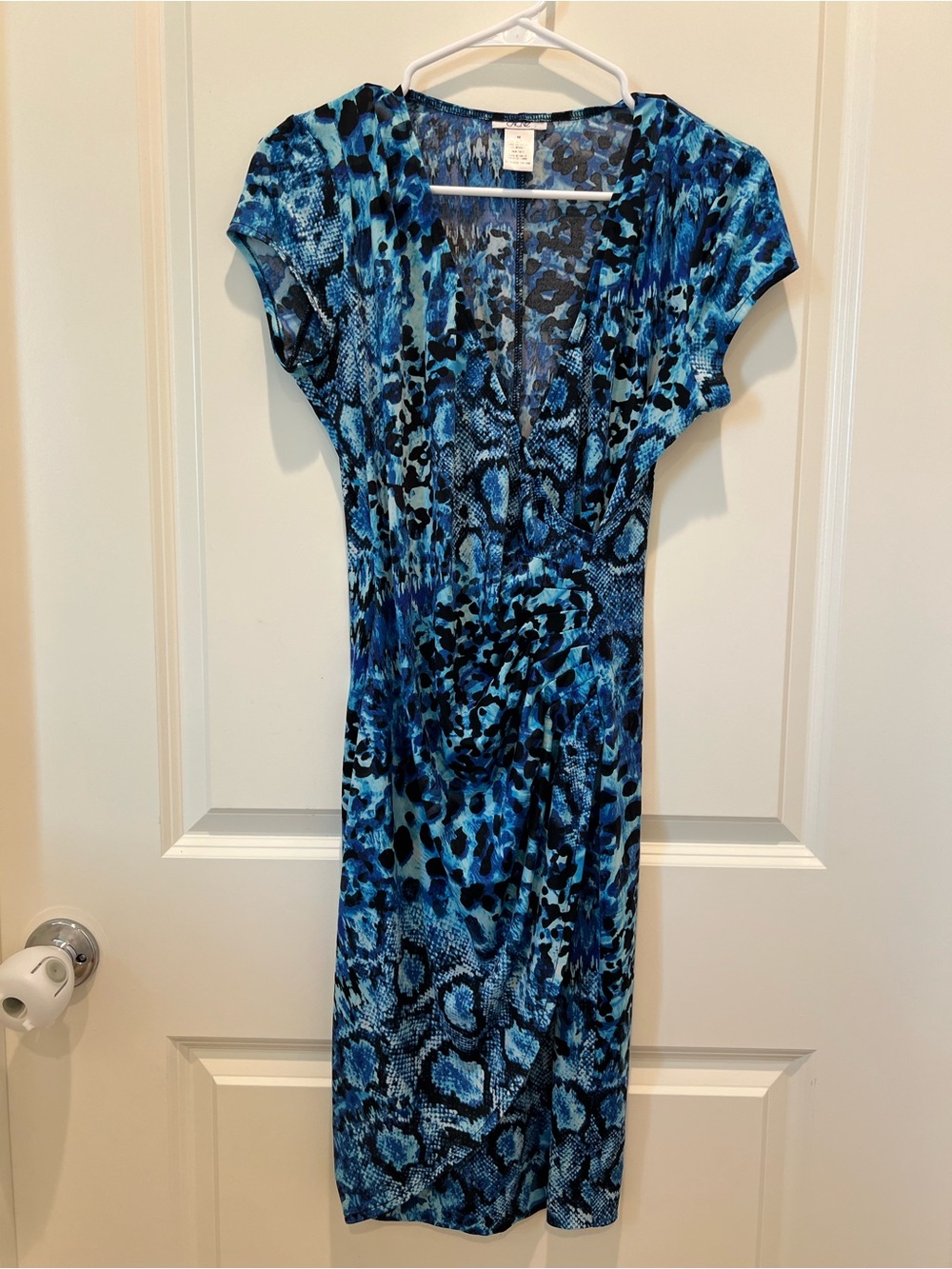 Cache Blue Patterned Faux-Wrap Midi Dress